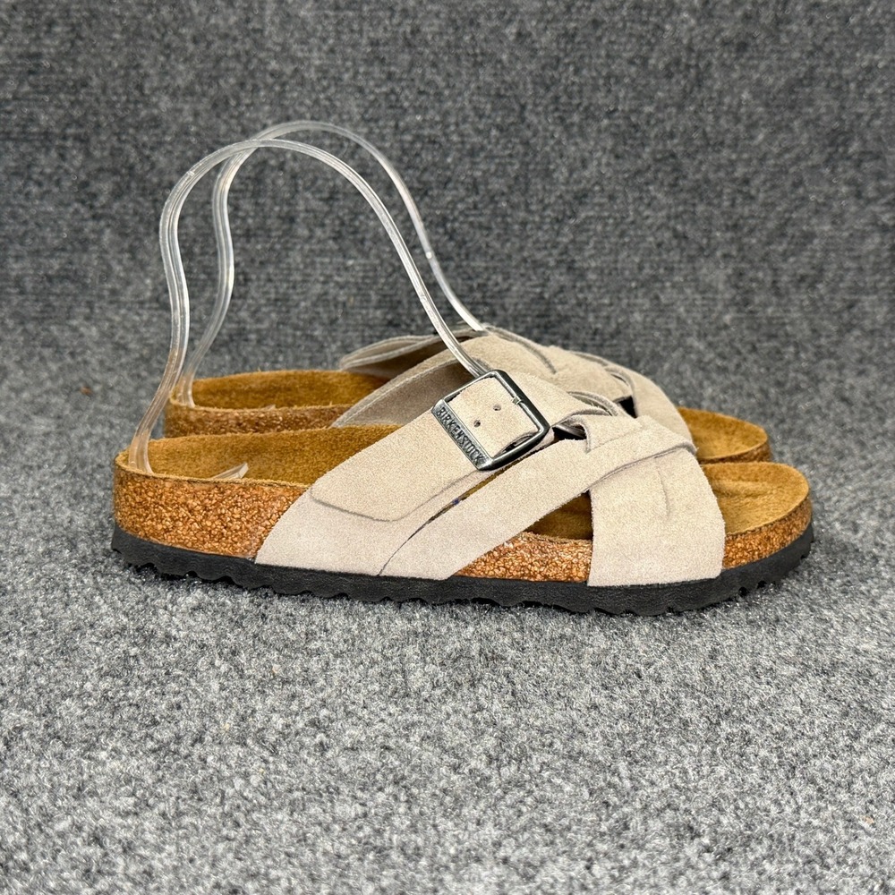 Birkenstock Lugano Soft Footbed Slide Sandals Women's‎ 6 Taupe Suede Slip On